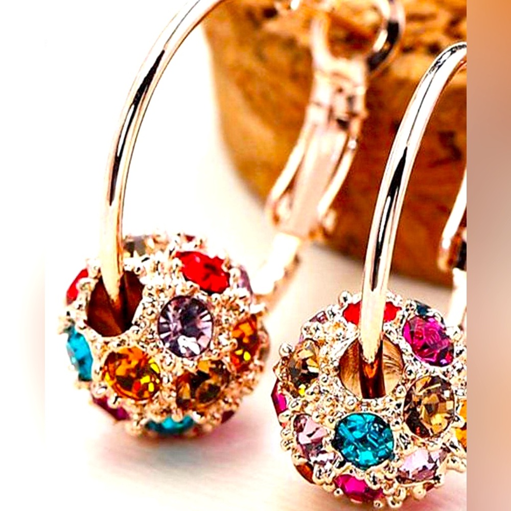 Multicolor Crystal Hoop Earrings in Goldtone